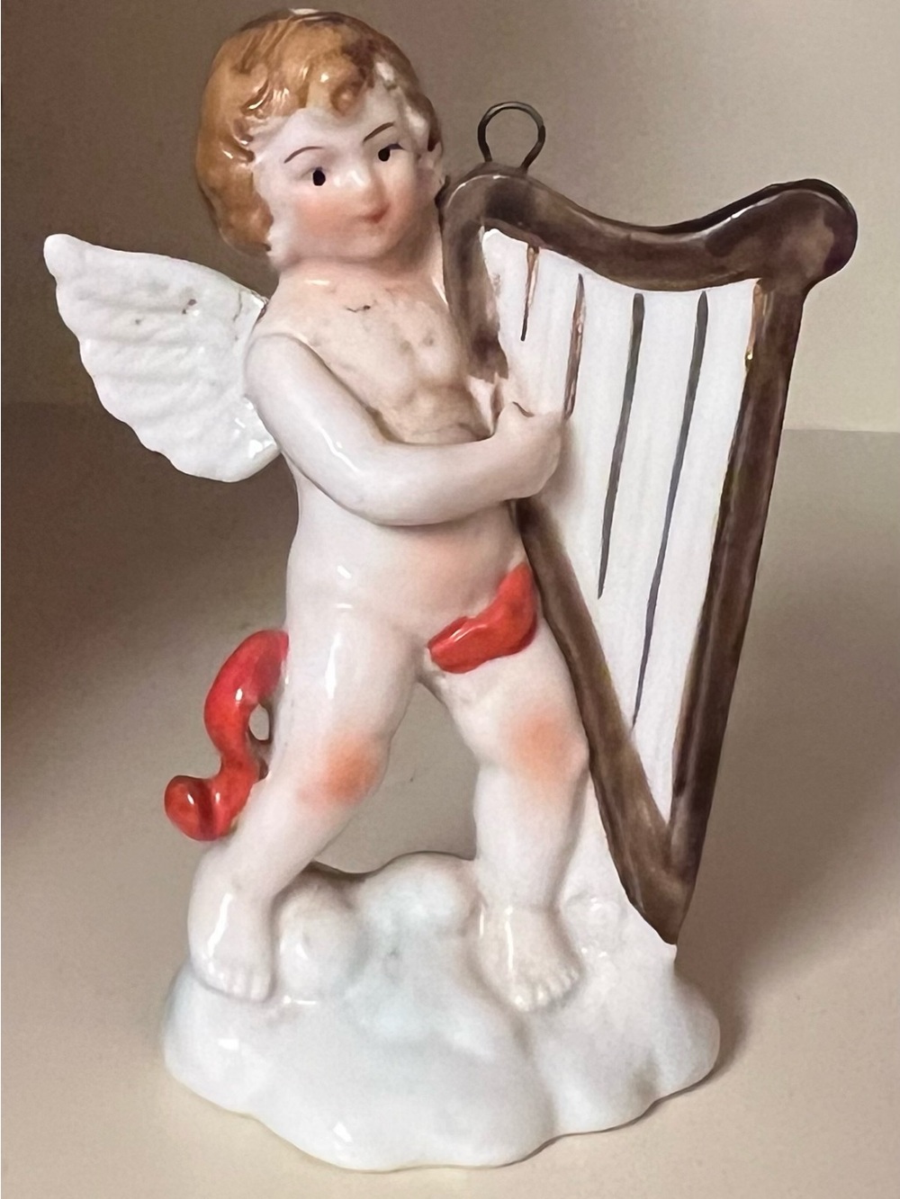 Cherub Angel Harp musician vintage porcelain hand-painted Christmas ornament MCM